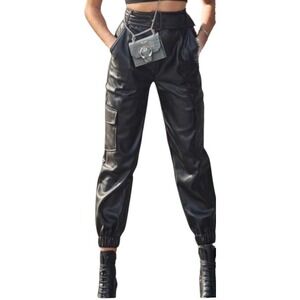 Culpos Faux Leather Belted Cargo Jogger Pants Size 6 Black High Waist Edgy Urban